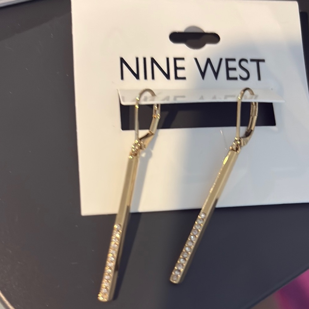 Nine West Gold Linear Dangle Earrings with Crystal Accents